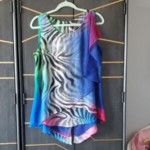 Frank Lyman Design Asymmetrical Ruffled Blue and Pink Tank Top